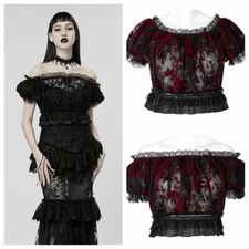 Punk Rave Girls Summer Bubble Sleeves Lace Edges Tops  Gothic Elegant T-shirt
