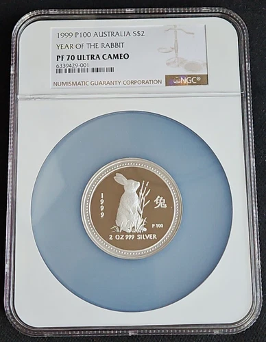 1999 AUSTRALIA Rabbit Lunar Proof Series 1 Silver 2 oz 2 Dollar - NGC PF 70 UC