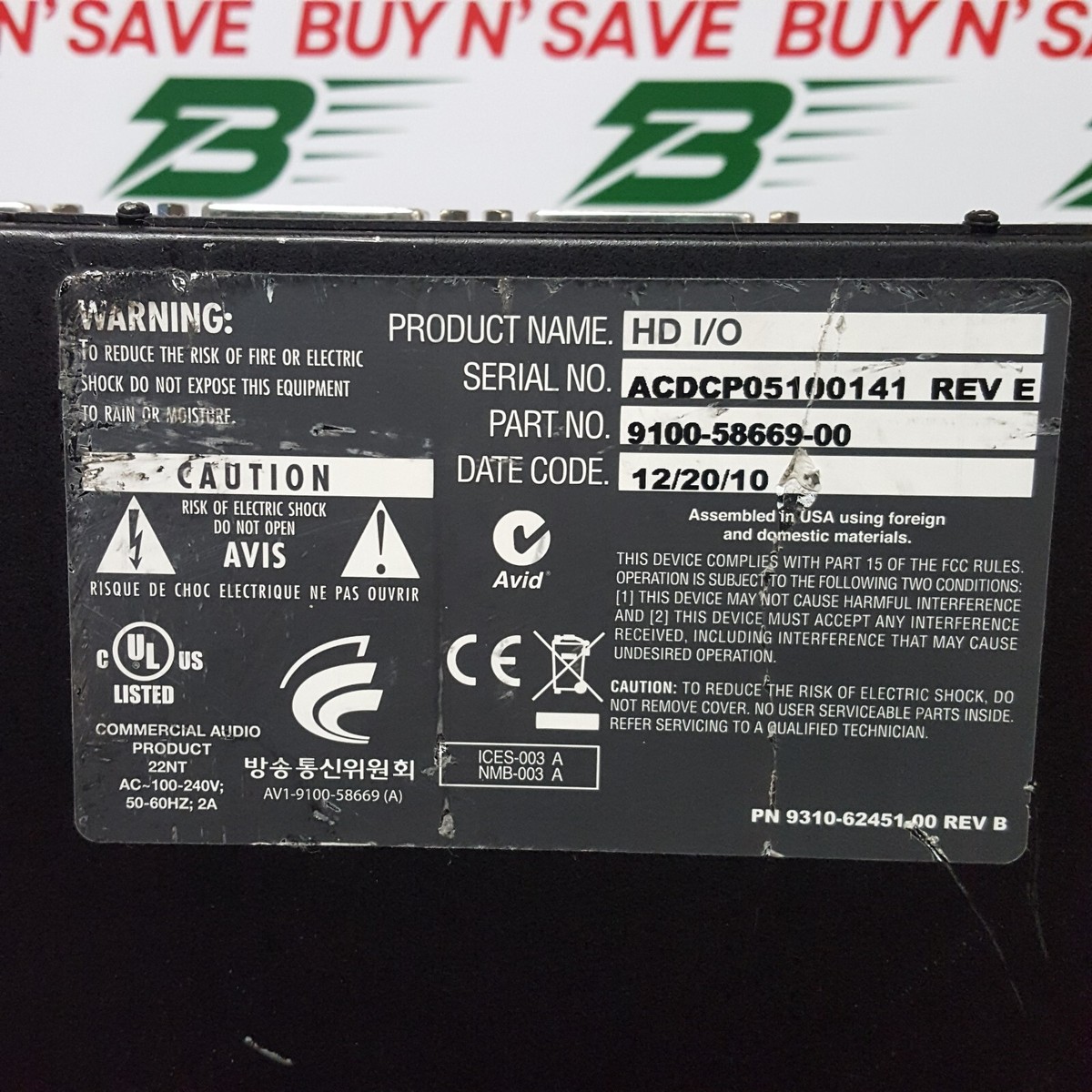 AVID HD I/O 9100-58669-00 w/(1) Digital I/O (1) Analog Input