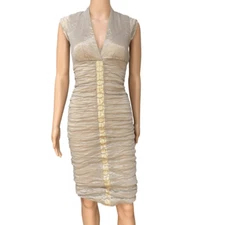 Nicole Miller Collection gold ruched stretch V-neck dress Size 4 NWT