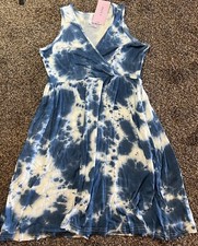 CATHY Womens Y2K Babydoll Dress V Neck Comfy Beach Coastal Tie Dye Blue Sz M