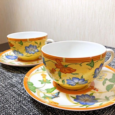 Service à Soupe Du Matin Hermès Siesta - 2 Tasses Et Soucoupes Jaune Fleuri - Porcelaine De France
