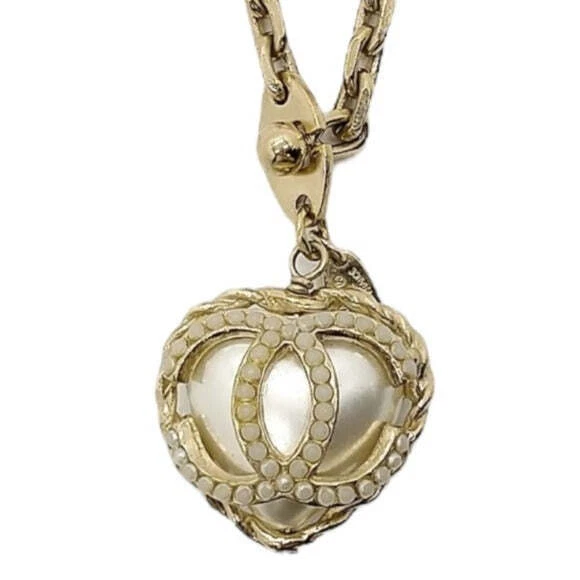 Chanel CC Heart Gold Plated Studded Faux Pearl Purse Zipper Charm Key Pendent 5”