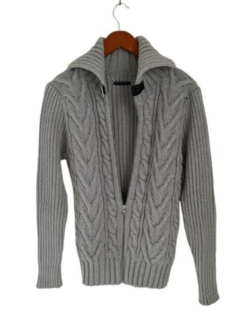 Cárdigan SISLEY Cremallera Completa Tejido con Cable Mezcla de Lana Gris Grueso Talla Med Foto 2 de 4