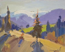 Carpathian Mountains in Sunn, 19x25 cm, Cardboard, Painting by Shandor Alexander