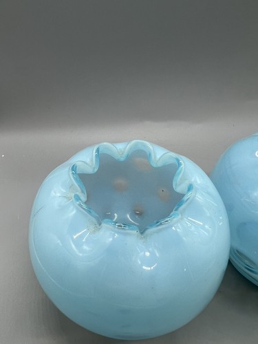 PAIR OF Fenton Baby Blue Coin Dot 3.5" Vase Opalescent Inward Ruffle Rim Glass - Picture 2 of 6