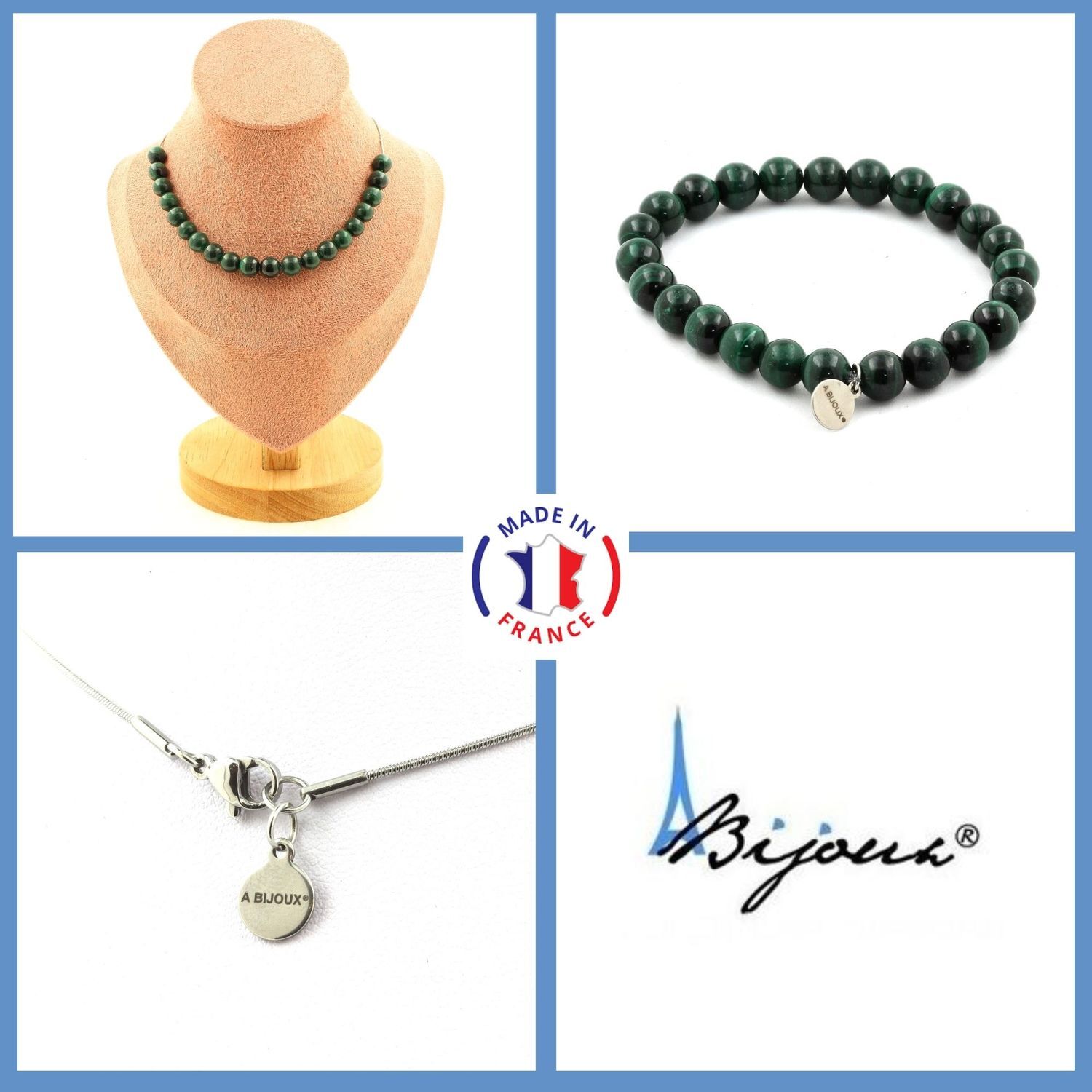 Parure bijoux malachite collier et bracelet 20 perles du Congo