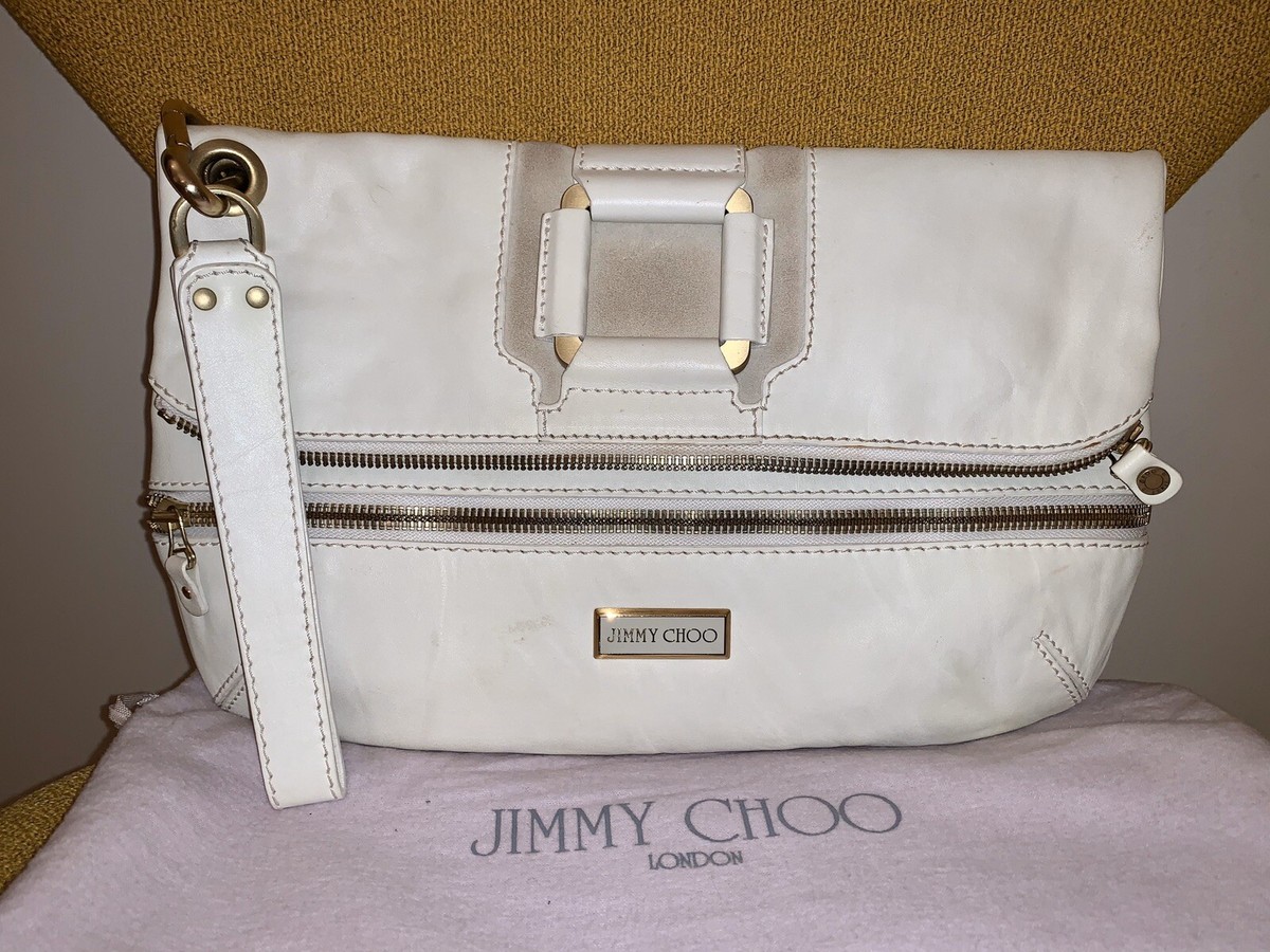 JIMMY CHOO White Calfskin Leather Marin Oversized Clutch Bag