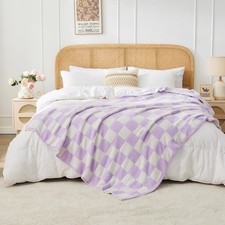 JOOJA Soft Cozy Checkerboard Lilac Blanket - Fluffy Knit Throw Blanket for Co...