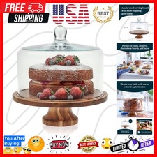 Acacia Wood Cake Stand with Glass Dome Lid, Footed Server