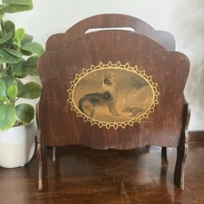 Vintage Wooden Magazine Rack Holder Dog Folk Art Storage Stand Rustic Country