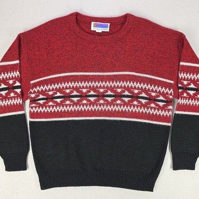 Vintage 80s Sweater Graphix Knit Red Black Geometric Crew Neck Unisex Large USA