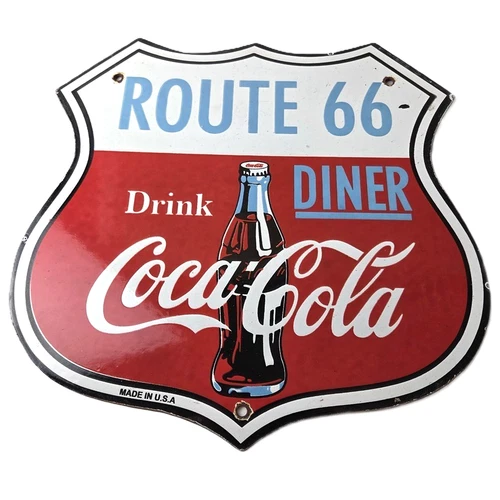 Vintage Route 66 Coca Cola Porcelain Sign - Gas Pump Soda Diner Sign