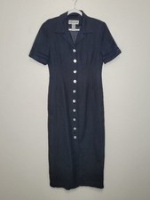 Vintage Jessica Howard black linen blend button front modest midi maxi dress 8