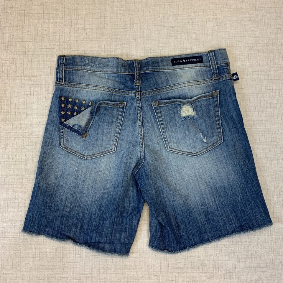 Rock & Republic Bumper Shoot Denim Shorts Womens 8 Distressed Raw Hem 7" Inseam - Image 3 of 4