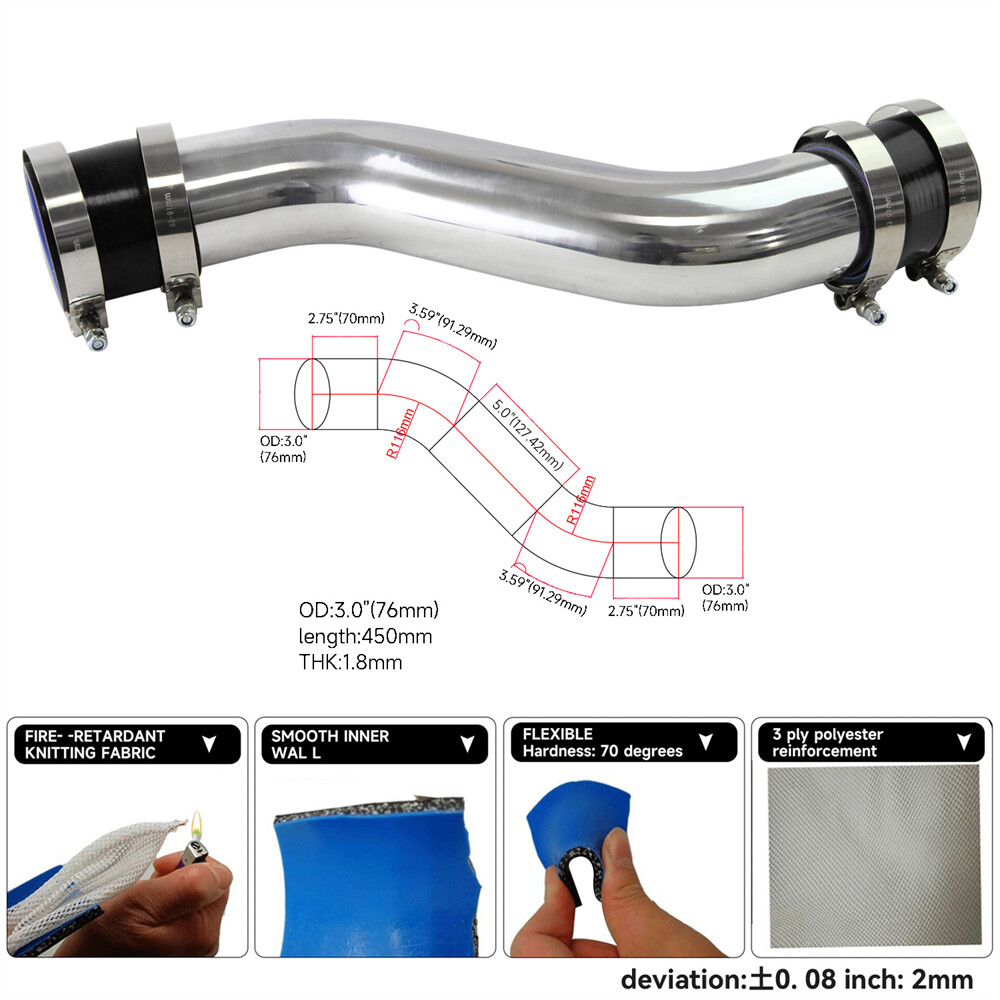4 In Intercooler Pipe 45 Degree 76mm (3") Aluminum Intercooler Pipe - 30cm Long, Silver, Universal Fit Performance Aluminum Piping Kit - Foto 5