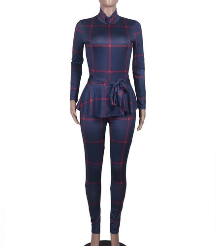 NEW Women Ruffles Waist Turtleneck Long Sleeve Plaid Print Body con Jumpsuit R - Picture 2 of 12