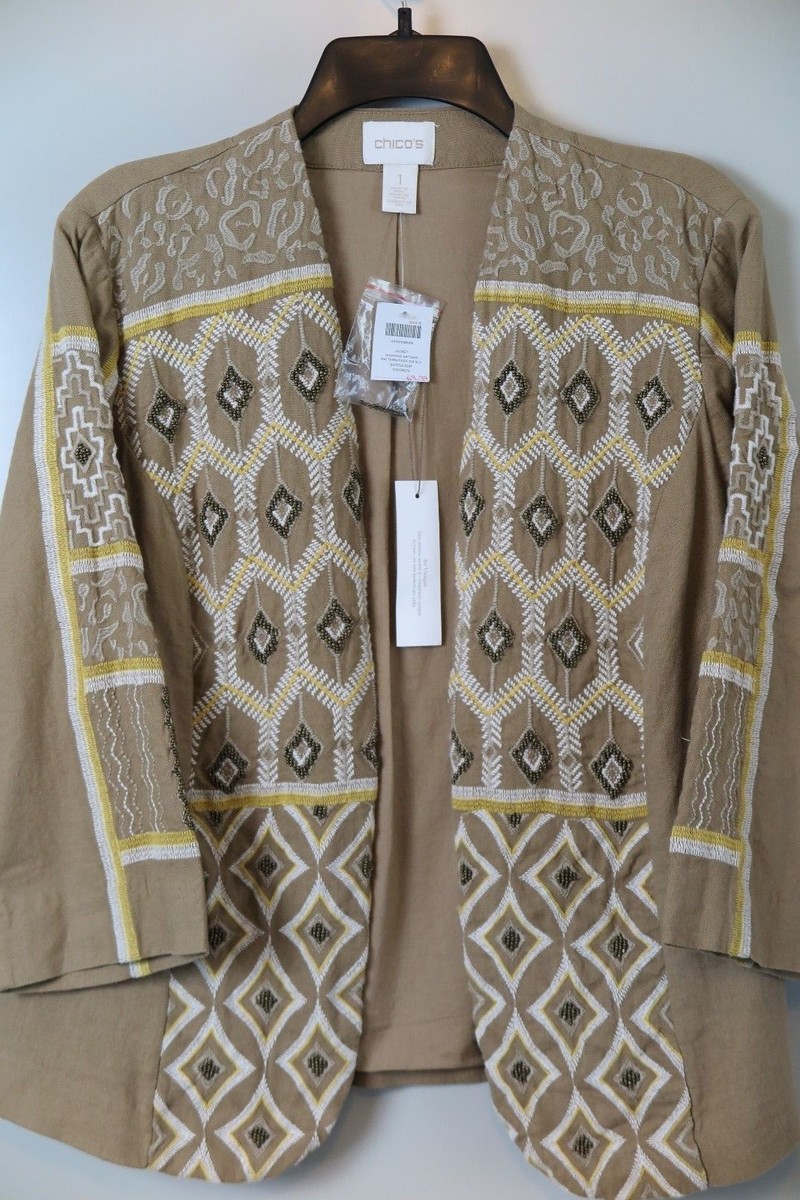 Veste Chico's Brodée Perles Motif Sud-ouest - Taille L, Couleur Beurre De Cacahuète, Neuve Avec étiquettes
