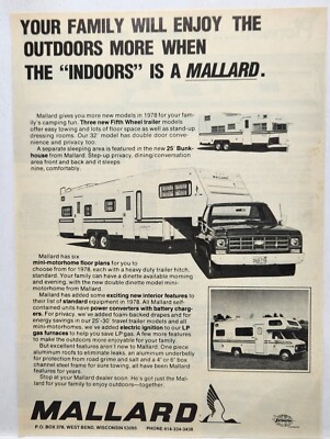 1978 Mallard  Camper Camping Trailer RV Vintage Print Ad Man Cave West Bend WI