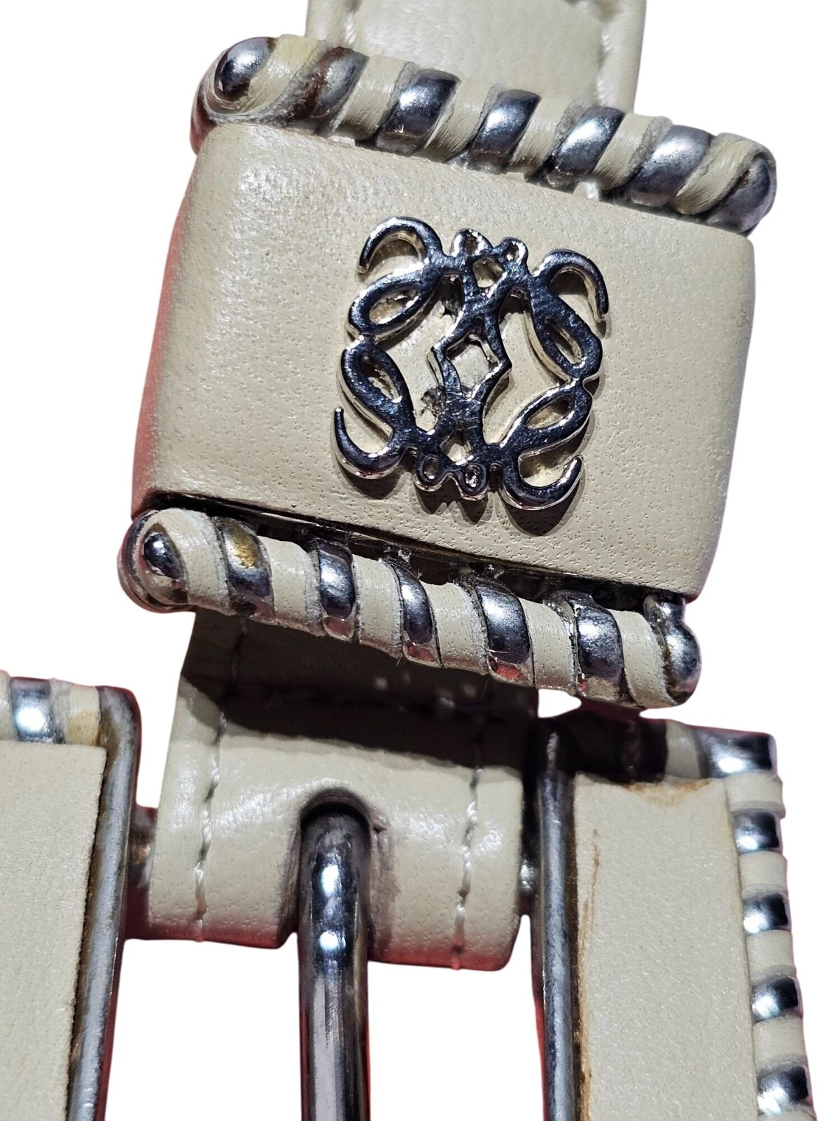 Vintage Auth Loewe Anagram Leather Belt Ivory Made In Spain Size 75 Brand New