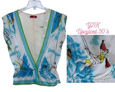 Y2K Super Lucky Cat Blouse L Deep Plunge Upcycled 50s Nautical Miami Sky Sailing