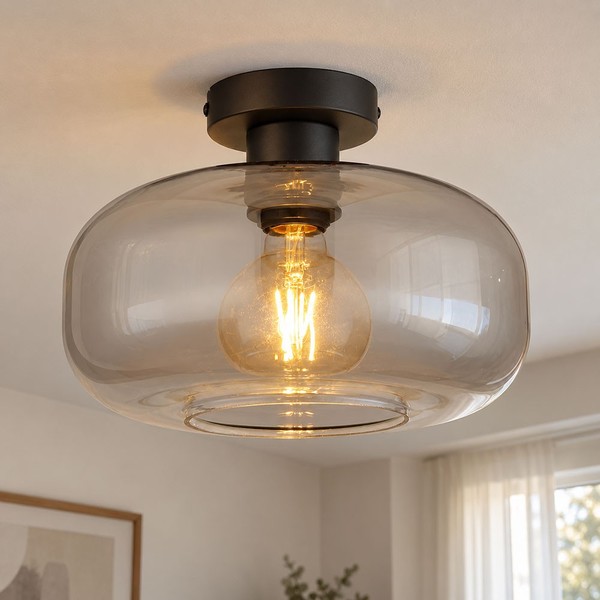Deckenlampe Deckenleuchte Wohnzimmerleuchte Retro Rauchglas Schwarz E27 D 28Cm-image