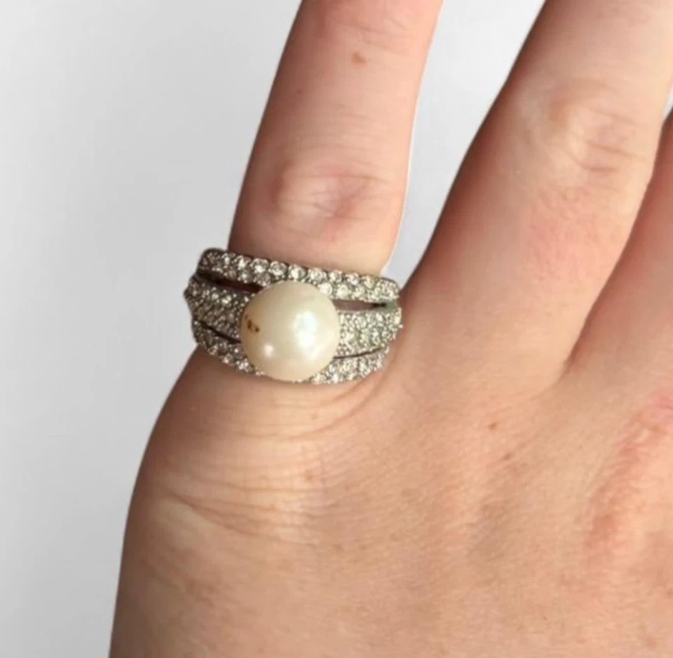 Anillo de diamantes de 3 capas de 1,8 CTW con perla de 10 mm - Anillo de plata de triple banda 14K Foto 2 de 4