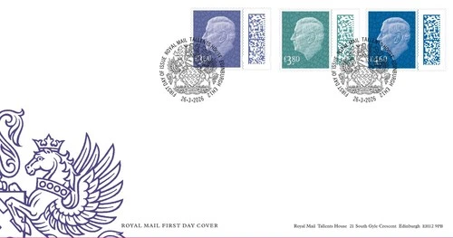 GB 2026 KCIII International Tariff FDC £3.60 £3.80 £4.60 Tallents H pmk, 26/3/26