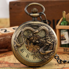 Vintage Style Dragon Hand-Wind Mechanical Pocket Watch w/ FOB Chain Unisex Gift