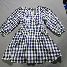 NEW FLAWS J. Crew Gingham Puff Sleeve Smocked Waist Mini Dress Navy White large