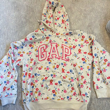 Gap Womens Floral Logo Pullover Hoodie Fleece Cotton Ivory/Multicolor M