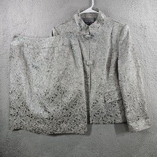 Lafayette 148 NY Silver Metallic Brocade Skirt Suit Set Wool Alpaca Floral 10