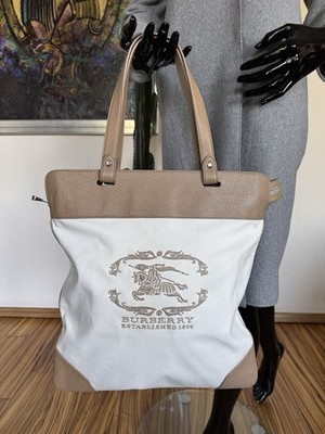 Burberry Logo Print  Unisex Beige Canvas mit Leder Shopper Handtasche