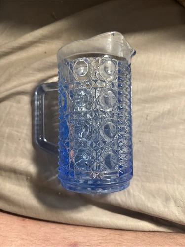 Vintage 1970's Federal Glass Windsor Blue Pint Pitcher Button & Cane Pattern 6"