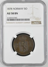 1878 NORWAY 5O NGC AU 58 BN Certified Coin