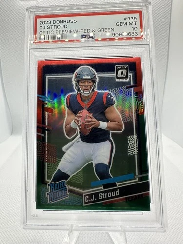 C.J. STROUD 2023 DONRUSS RC ROOKIE OPTIC PREVIEW RED & GREEN PRIZM PSA 10