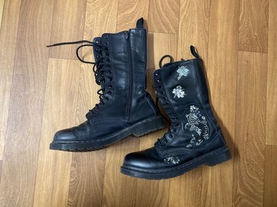 Dr. Martens Anissa Koi Embroidery Black Leather Tall Lace Up Boots