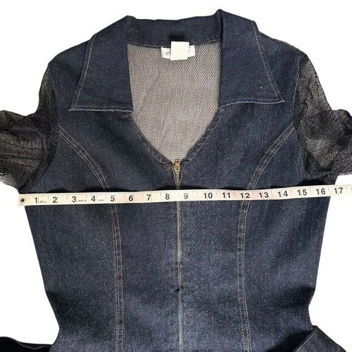 STUDIO F USA Denim & Mesh Jumpsuit XL Biker Y2K Dark Wash Belted Sheer Sleeves - Picture 9 of 13