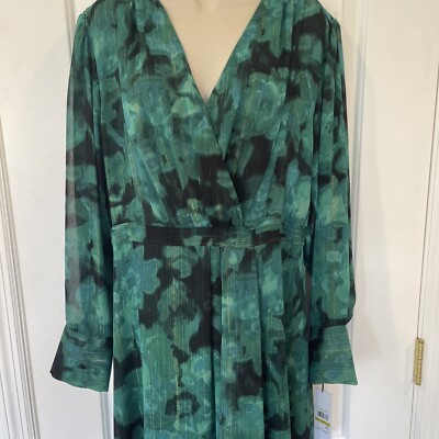 Calvin Klein 14 Chiffon Green Floral Shiny Gold Metallic Party Dress Vneck  $169