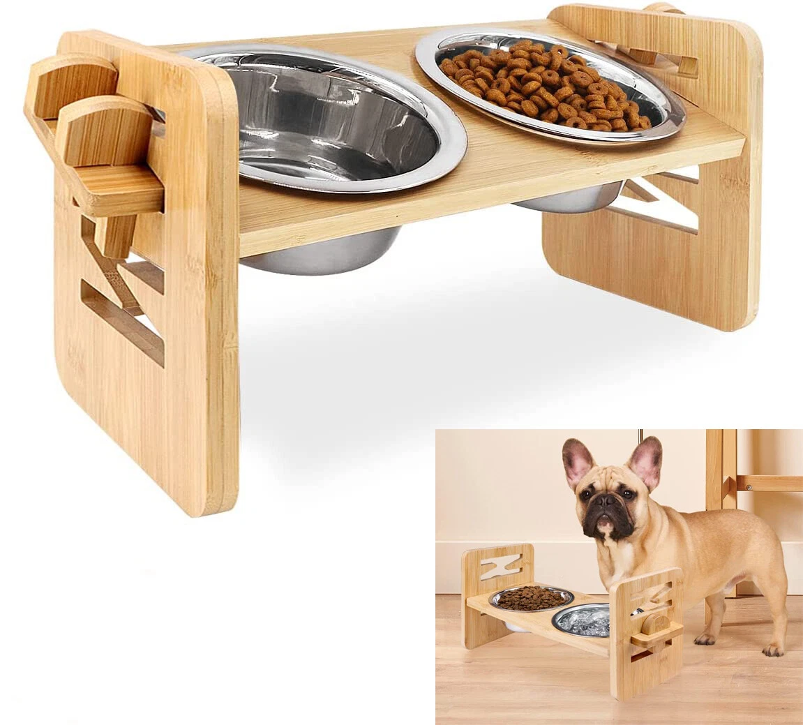 Adjustable Raised Dog Bowl for Small Dogs and Cats Durable Bamboo Pet Food  Bowl