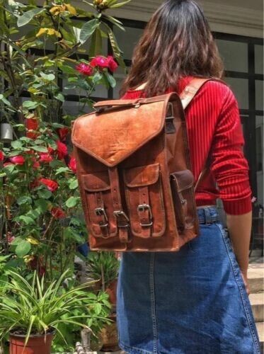 Mochila unisex genuina portátil mensajero de viaje mochila de cuero bolso vin...