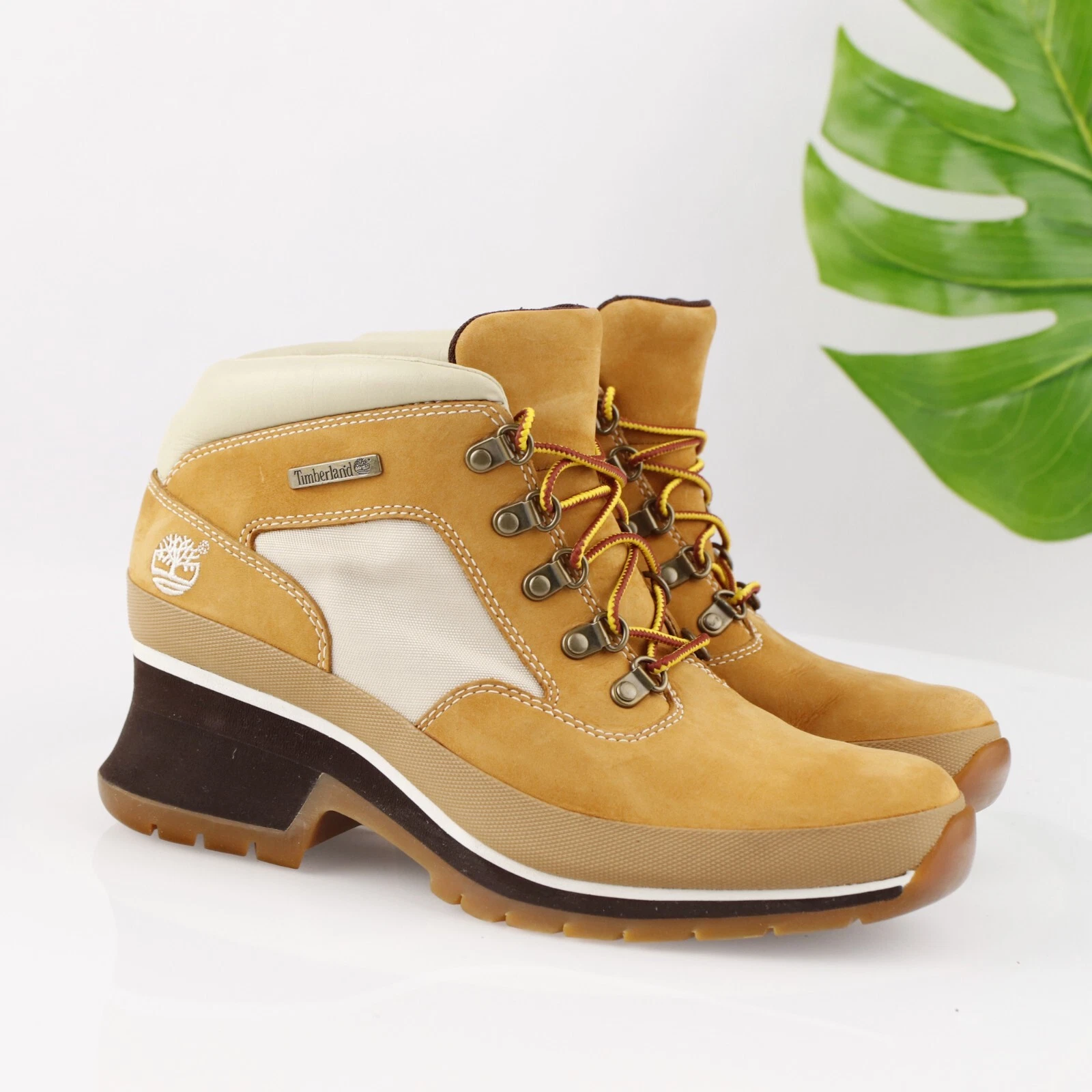 Stivali da donna vintage Timberland taglia 8 marrone grano nabuk tacco basso blocco stivaletti stringati