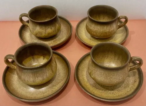 DENBY England ROMANY BROWN Pattern CUP & SAUCER SETS Set of 4