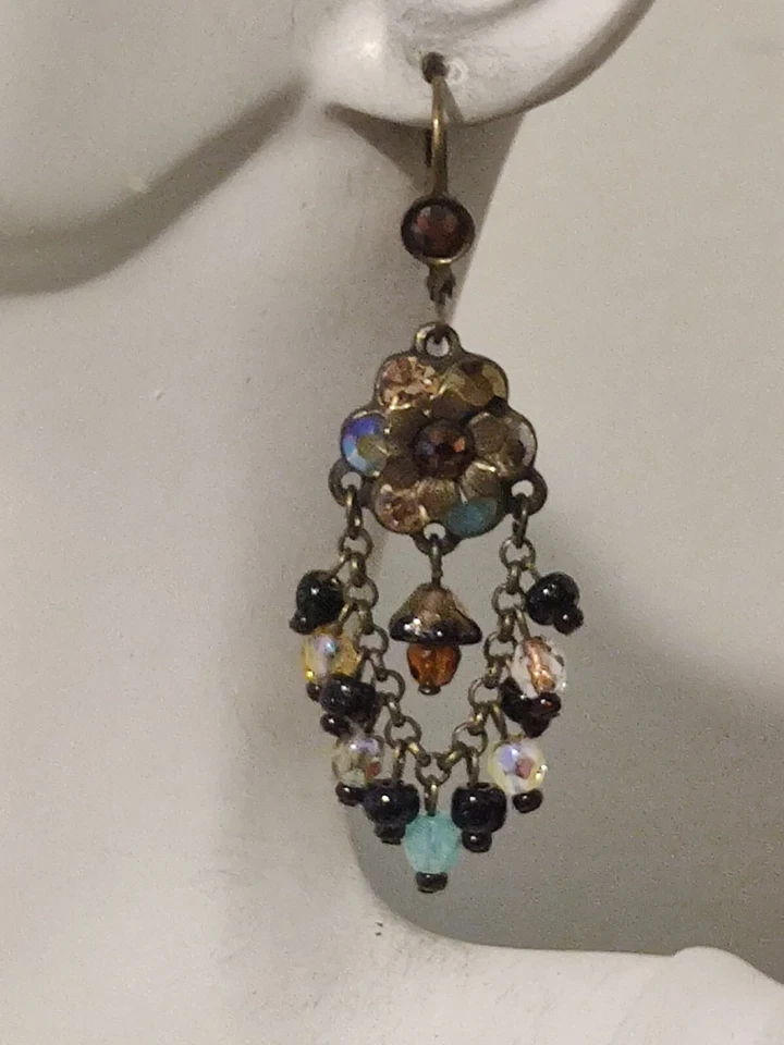 Michal Negrin Dangling Chains Earrings Flower Teardrop Swarovski Crystals Dangle - Image 2 of 4