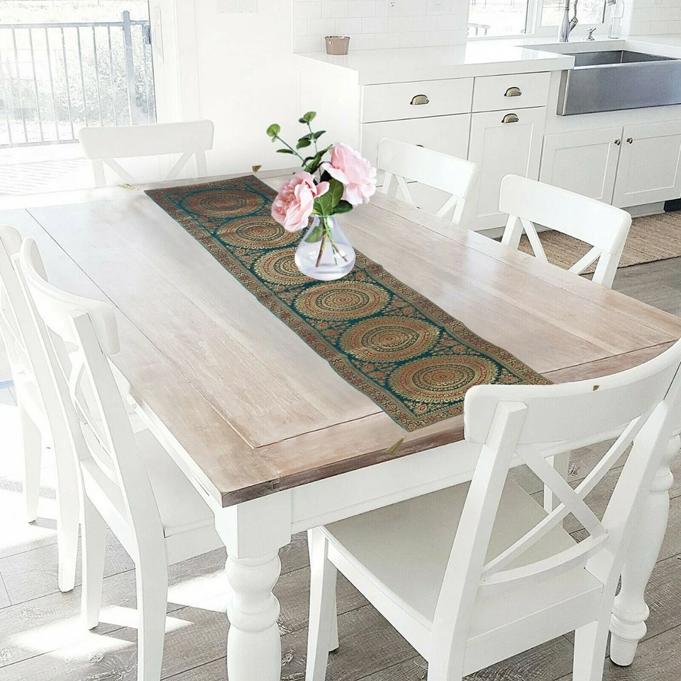 Indian Handmade Mandala Kantha Brocade Table Runner Home Wedding16x72 Tablecloth - Image 2 of 4