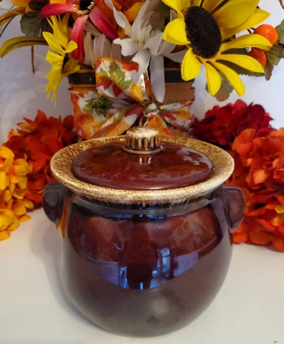 Hull  ~ Pottery🌿Brown  Drip Bean Pot 6" Vintage Cookie Jar Canister~Oven Proof
