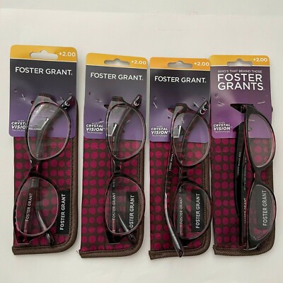 LOT OF 4 FOSTER GRANT  READING GLASSES +2.00 NEW WITH CASE