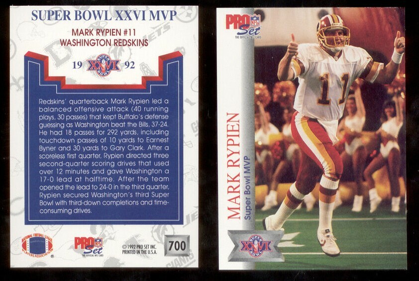1992 Pro Set MARK RYPIEN Washington Redskins Super Bowl XXVI