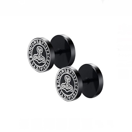 Unisex Stainless Steel Norse Viking Runes Barbell Black Stud Earrings Gift UK - Picture 21 of 21