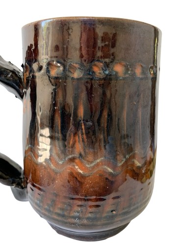 Antique Redware Mug Tankard Figural Handle Brown Feathered Glaze - Picture 4 of 8